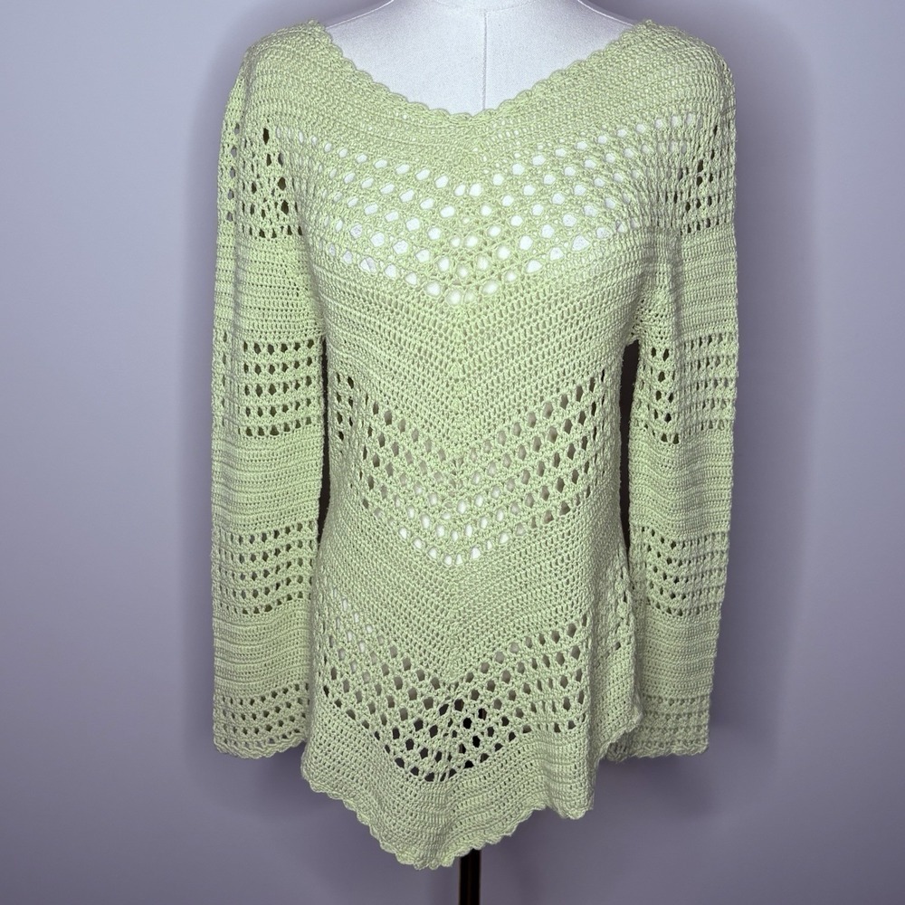 Studio by Liz Claiborne Green Crochet Knit Sweater Top Silk Blend Womens Medium